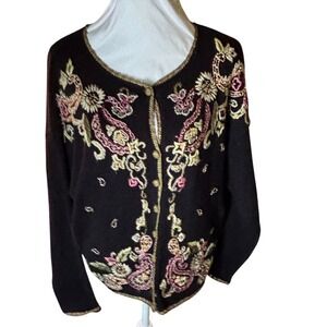 Vintage 90s Embroidered Cardigan Sweater Large Embroidery Heirloom Collectible